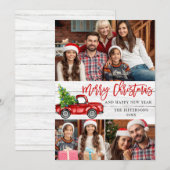 レトロなクリスマスの赤いトラックの素朴な3枚の写真のグリーティング シーズンカード (正面/裏面)