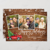 レトロなクリスマスの赤いトラックの素朴な3枚の写真のグリーティング シーズンカード (正面/裏面)