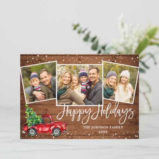 レトロなクリスマスの赤いトラックの素朴な3枚の写真のグリーティング シーズンカード (スタンド正面)