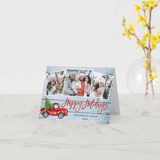 レトロなクリスマスの赤いトラック 3枚の写真を使ったホリデーグリーティング カード (黄色い花)