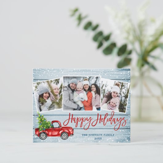 レトロなクリスマスの赤いトラック 3枚の写真を使ったホリデーグリーティング ポストカード (スタンド正面)