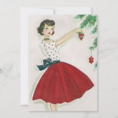 レトロなクリスマスの赤いドレスの女性 シーズンカード (正面)