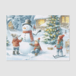レトロなクリスマスの雪だるまと子供たち 薄葉紙