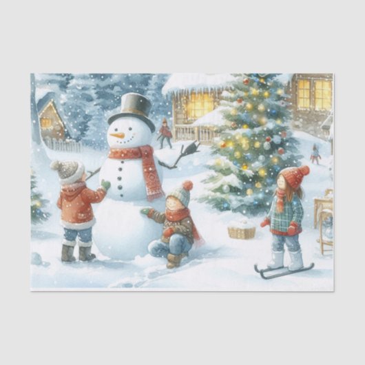 レトロなクリスマスの雪だるまと子供たち 薄葉紙 (正面)