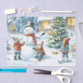レトロなクリスマスの雪だるまと子供たち 薄葉紙 (クラフト)