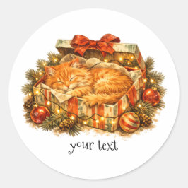 レトロなクリスマスギフトボックスの中で眠るオレンジ色の猫のぬいぐるみ ラウンドシール
