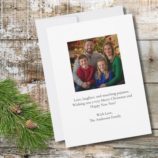レトロなクリスマスツリーの切手と家族写真プレゼント カード