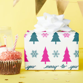 レトロなクリスマスツリー ピンク ティール スノーフレーク ラッピングペーパー
