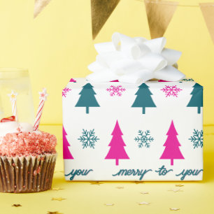 レトロなクリスマスツリー ピンク ティール スノーフレーク ラッピングペーパー