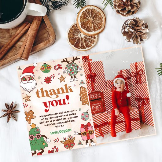 レトロなクリスマスホリデーバースデーパーティーの写真 サンキューカード