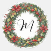 レトロなクリスマスリースとモノグラムの水彩画 ラウンドシール (正面)