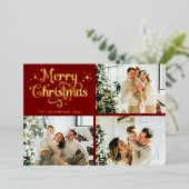 レトロなクリスマス家族写真コラージュ 赤と金色 箔シーズンカード (立ち正面)
