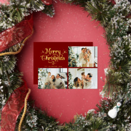 レトロなクリスマス家族写真コラージュ 赤と金色 箔シーズンカード