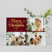レトロなクリスマス家族写真コラージュ 赤と金色 箔シーズンカード (立ち正面)