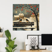 レトロなクリスマス村のパークベンチの鳥たちとコテージ ポスター (ホームオフィス)