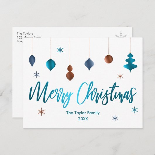 レトロなクリスマス ツリー デコレーション - ティール カッパー ネイビー シーズンポストカード (正面/裏面)