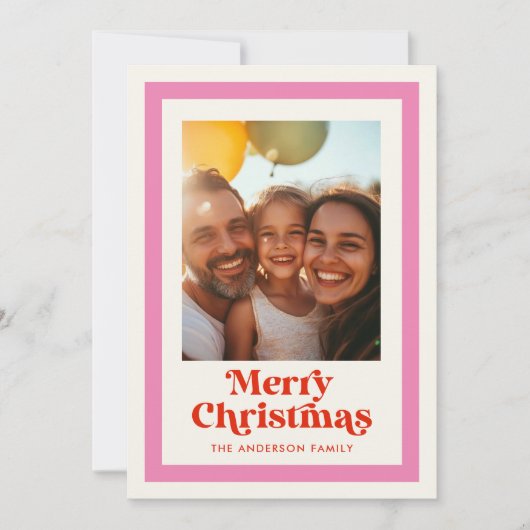 レトロなクリスマス ピンク レインボーフレーム 1 枚の写真 シーズンカード (正面)