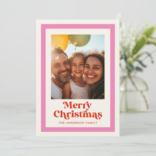 レトロなクリスマス ピンク レインボーフレーム 1 枚の写真 シーズンカード (スタンド正面)