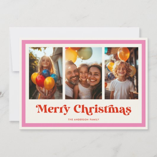 レトロなクリスマス ピンク レインボーフレーム 3枚の写真 シーズンカード (正面)