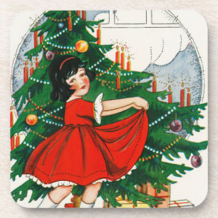 レトロなクリスマス ポストカード、子供とクリスマスツリー コースター