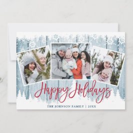 レトロなクリスマス　ラスティック ブルー ウッド 3 フォト 挨拶 シーズンカード