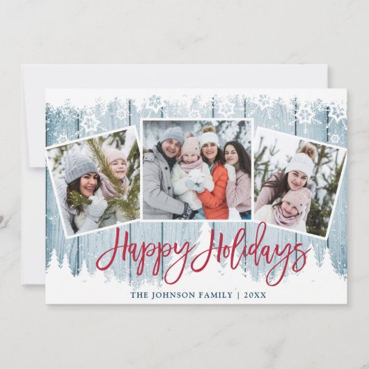 レトロなクリスマス ラスティック ブルー ウッド 3 フォト 挨拶 シーズンカード (正面)