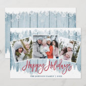 レトロなクリスマス ラスティック ブルー ウッド 3 フォト 挨拶 シーズンカード (正面/裏面)