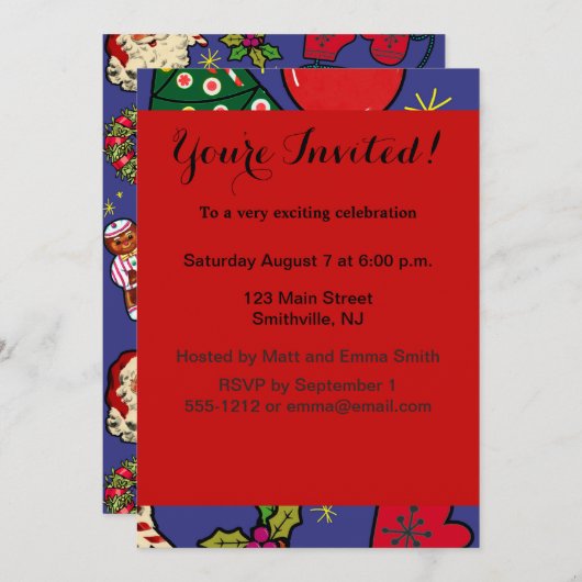 レトロなクリスマス ヴィンテージ カラフル 青 赤 緑 招待状 (正面/裏面)