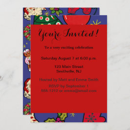 レトロなクリスマス ヴィンテージ カラフル 青 赤 緑 招待状