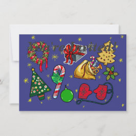 レトロなクリスマス ヴィンテージ カラフル 青 赤 緑 招待状