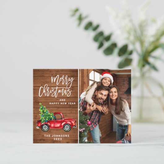 レトロなクリスマス 赤いトラックのポストカード 農村風景 写真グリーティング ポストカード (スタンド正面)