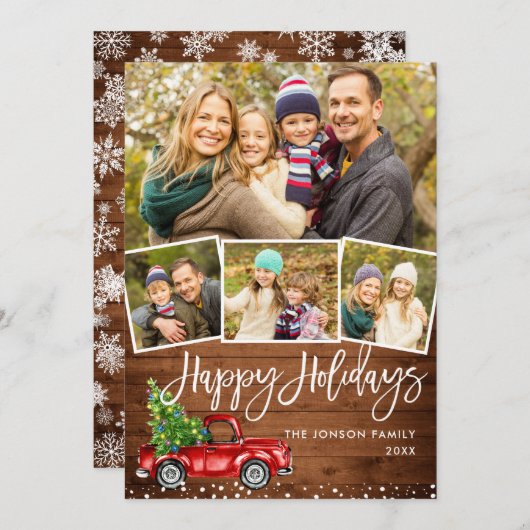 レトロなクリスマス 赤いトラックのポストカード 4枚の写真 シーズンカード (正面/裏面)