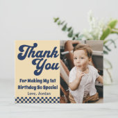 レトロなクールボーイ 1歳の誕生日パーティーの写真 サンキューカード (スタンド正面)