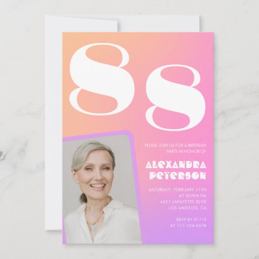 レトロなグラデーションピンク 88歳の誕生日 招待状 (正面)