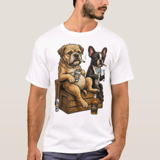 レトロなグラフィックが可愛い！ビールとウィスキーを楽しむ犬たち Tシャツ
