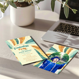 レトロなグリーンとテラコッタの卒業パーティ招待状 招待状