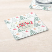 レトロなグリーンのクリスマスツリー モダン アブストラクト ユニーク スクエアペーパーコースター (アングル)