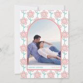 レトロなグルーヴィーなオレンジと水色の1970年代風ウェディング 招待状 (裏面)