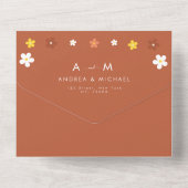 レトロなグルーヴィーなダイシーフラワーの70年代テラコッタ オールインワン招待状 (裏面)