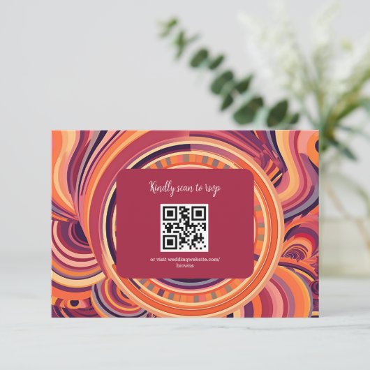 レトロなグルーヴィーな70年代の抽象的なパターンの結婚式 出欠カード (スタンド正面)