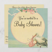 レトロなコウノトリの赤ちゃんの毛布の赤ちゃんシャワーの招待状 招待状 (正面/裏面)