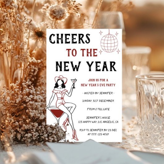 レトロなコックテイルガールが新年を祝うパーティー 招待状