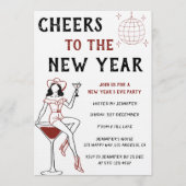 レトロなコックテイルガールが新年を祝うパーティー 招待状 (正面)