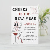 レトロなコックテイルガールが新年を祝うパーティー 招待状 (スタンド正面)
