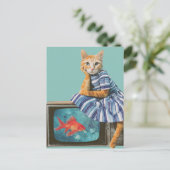 レトロなコラージュのテレビに金魚と猫 ポストカード (スタンド正面)