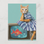レトロなコラージュのテレビに金魚と猫 ポストカード (正面)