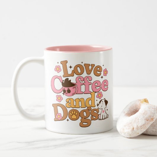 レトロなコーヒーと犬のデザイン ツートーンマグカップ (ドーナツ)