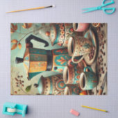 レトロなコーヒーポットとカップの柄のティッシュペーパー 薄葉紙 (クラフト)