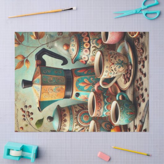 レトロなコーヒーポットとカップの柄のティッシュペーパー 薄葉紙 (クラフト)