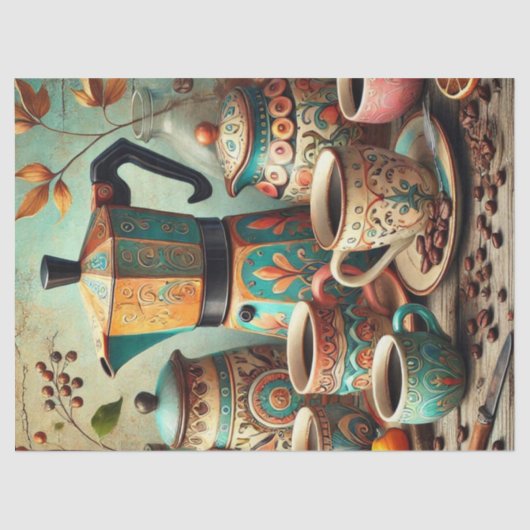 レトロなコーヒーポットとカップの柄のティッシュペーパー 薄葉紙 (正面)